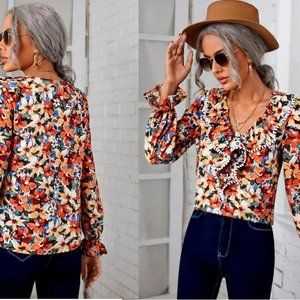 NEW! Floral Print Ruffle Trim Blouse